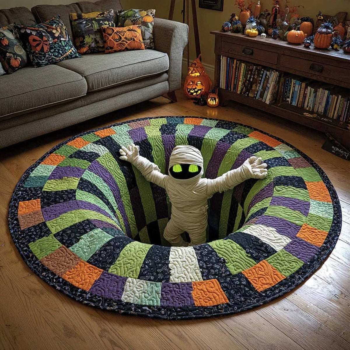 ๐Halloween 3D Bottomless Illusion Rug Skeleton Pit Non-Slip Crystal Velvet Mat ๐